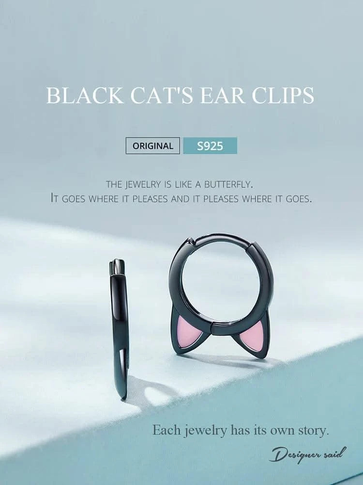 WOSTU Real 925 Sterling Silver Cat Ear Hoop Earrings For Women Lovely Pink Cute Pet Paw Studs Clips Girl Unique Jewelry Gift