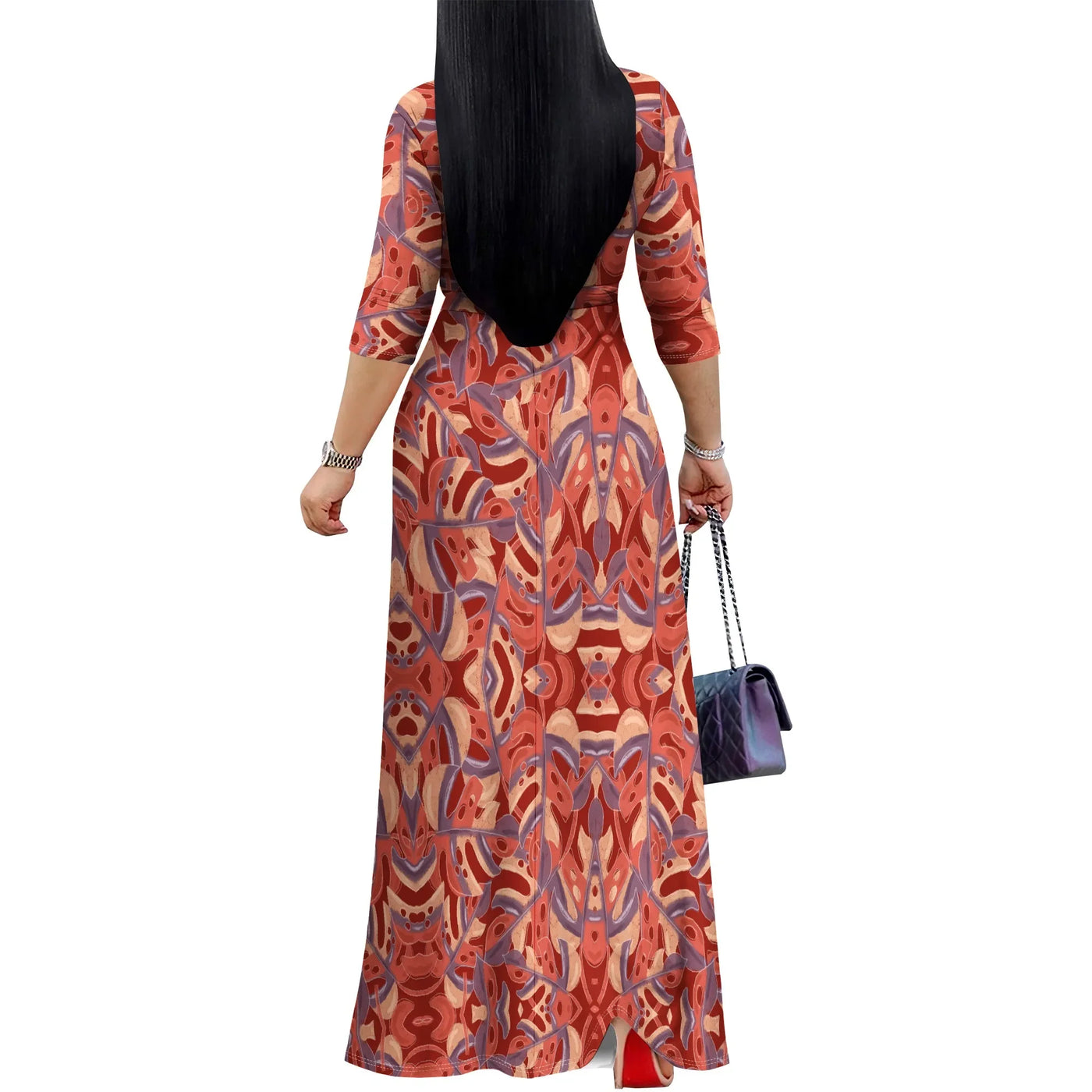 Boho Tropical Flowers Graphics Dresses for Women V Neck Maxi Dress Flowy 3/4 Sleeve with Belt