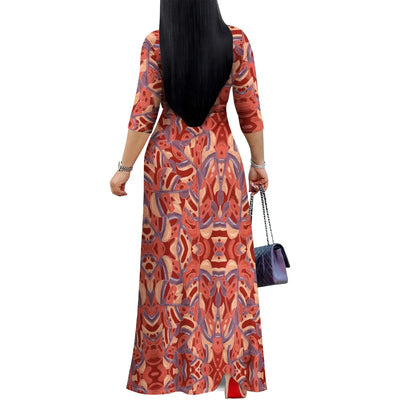 Boho Tropical Flowers Graphics Dresses for Women V Neck Maxi Dress Flowy 3/4 Sleeve with Belt