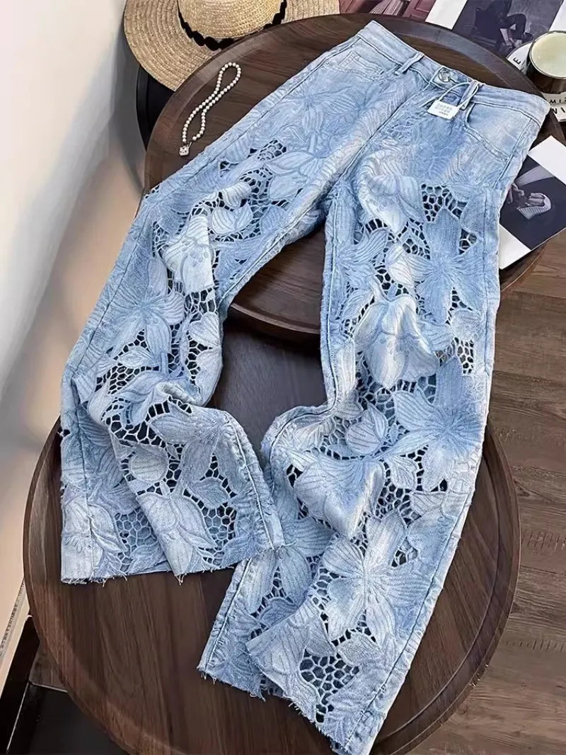 Summer Women Lace Floral Embroidery Wide Leg Denim Pants Spliced Loose Fit High Waist Hollow Out Jeans Streetwear Long Trousers