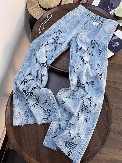 Summer Women Lace Floral Embroidery Wide Leg Denim Pants Spliced Loose Fit High Waist Hollow Out Jeans Streetwear Long Trousers