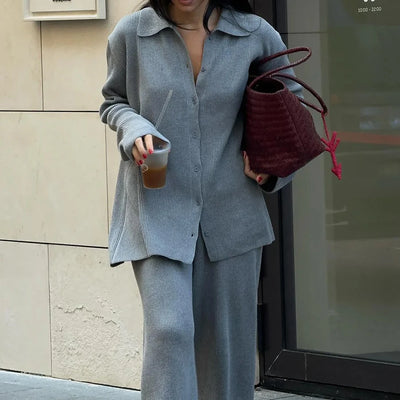 2025 Autumn Street Outfits Knitted Cardigan Pants Sets Women Single Breasted Lapel Sweater High Waist Wide Leg Trousers Suit