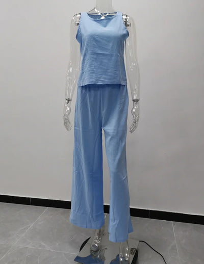 Women's New Cotton Linen Suit Summer Casual Sleeveless Round Neck Top Trousers Wide Leg Pants Two-piece Set For Women