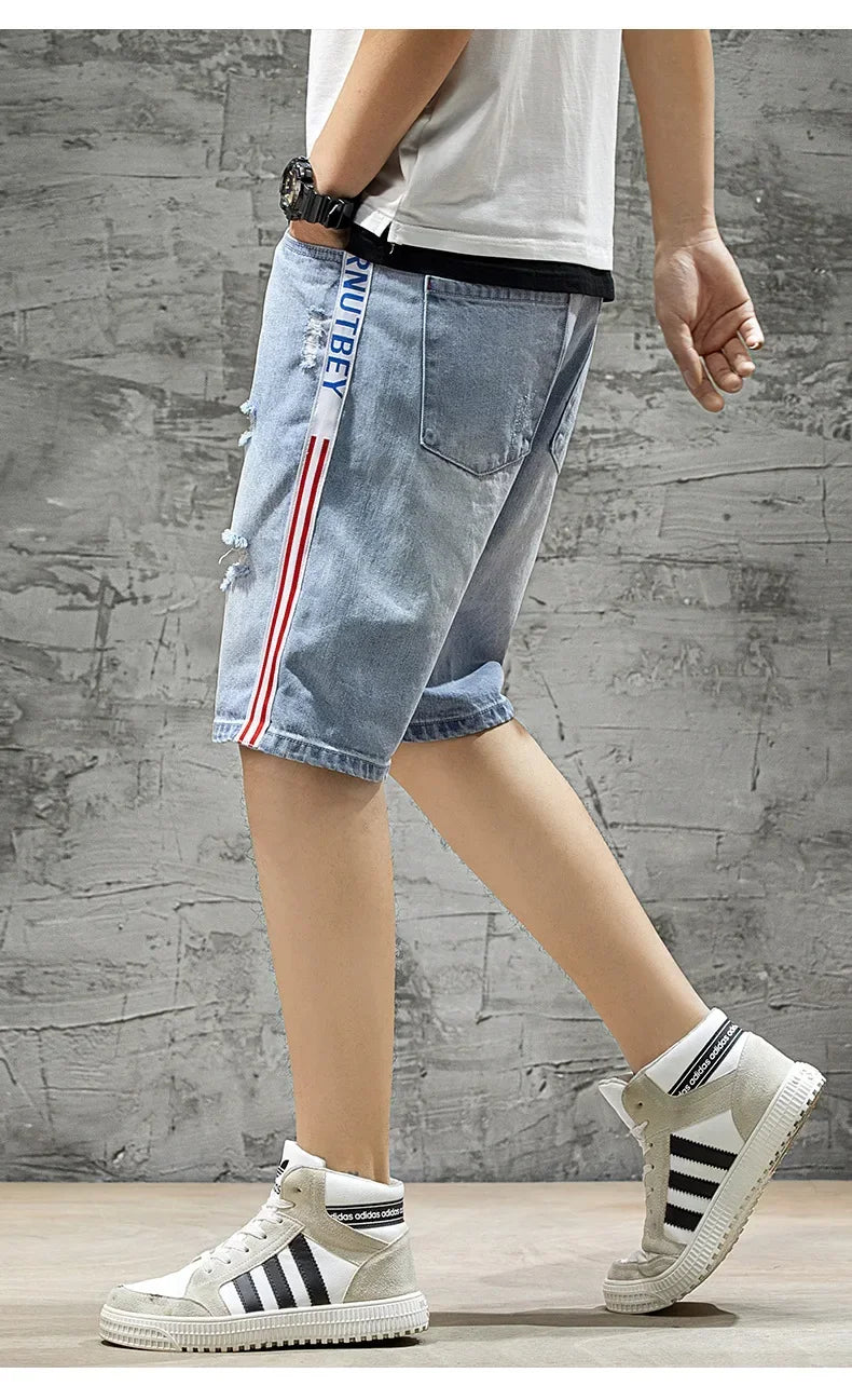 Summer Denim Shorts For Men Trendy Ripped Elastic Waist Loose Fit Casual Jeans 5 Minute Length Middle Pants