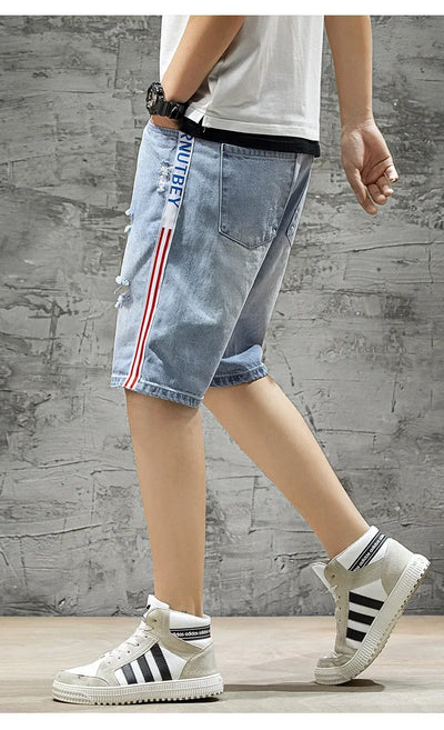 Summer Denim Shorts For Men Trendy Ripped Elastic Waist Loose Fit Casual Jeans 5 Minute Length Middle Pants