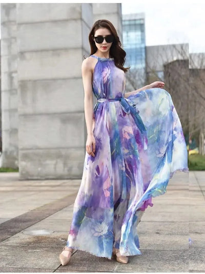 2023 New Floral Summer Sleevelss Suspender Maxi Dress for Women Sexy Backless Beach Purple Boho Robe Femme Sundress Dress Photo
