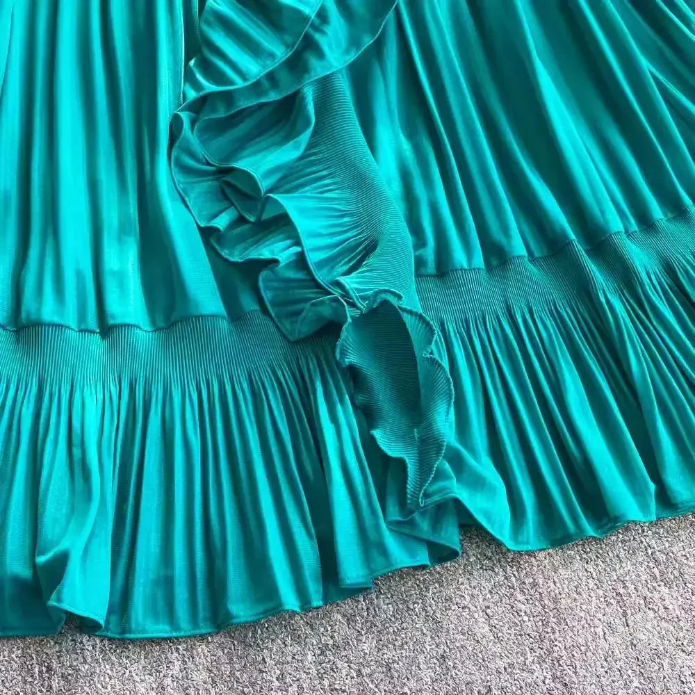 Women's V Neck Ruffles Splice Lantern Sleeve High Stretch Oversized Dresses Miyake Maxi Pleated 2025 Spring Long Party Clothing