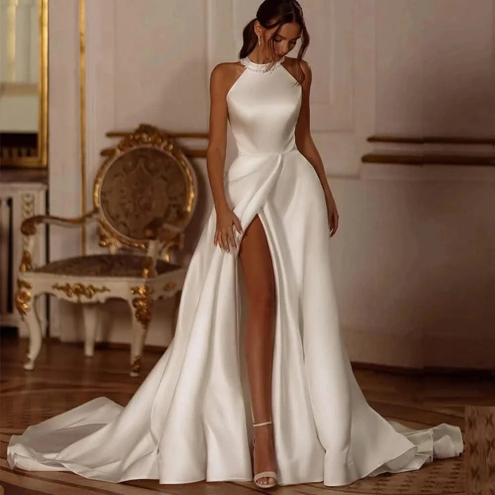 Wedding Dresses Side Slit Sexy Bridal Robes A-Line Lustrous Satin Gown