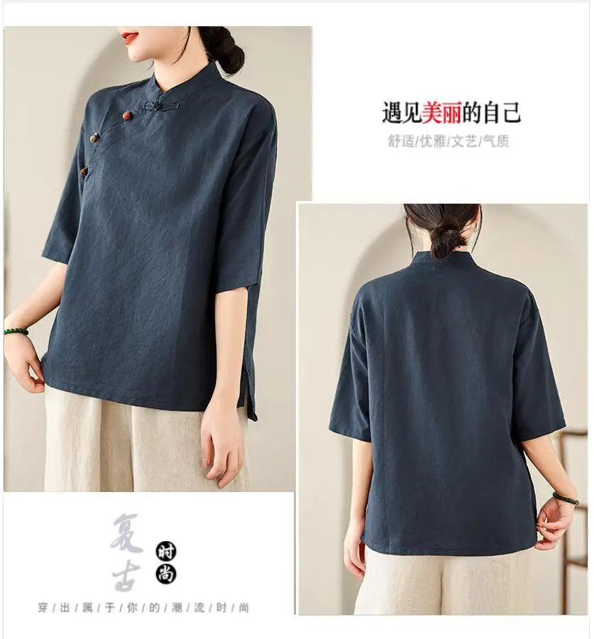 New Women's Retro Cotton Linen Short-sleeved Shirt with Diagonal Placket and Stand-up Collar Tea Top