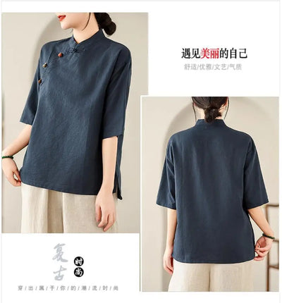 New Women's Retro Cotton Linen Short-sleeved Shirt with Diagonal Placket and Stand-up Collar Tea Top