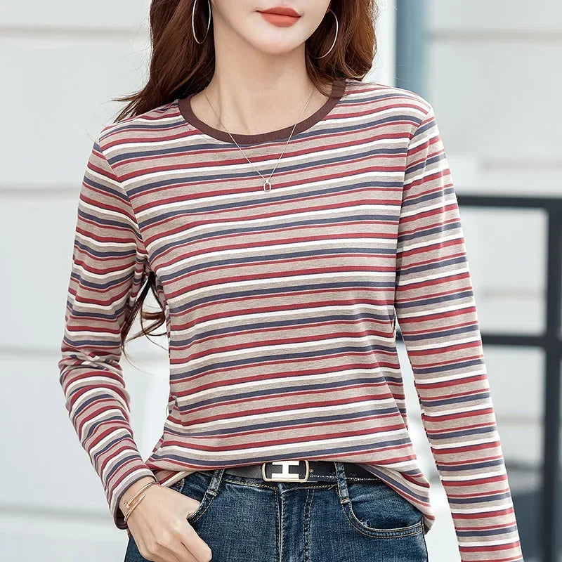 2024 New Women Clothing Crew Neck Striped Bottom Shirt Spring and Autumn Long Sleeve Tops T-Shirt Loose Interior Casual Top