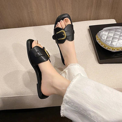 Summer Women Slippers Leather Square Toe Women Flats Flip Flops Designer Ladies Slides Sandals Women Shoes Luxury Sandals