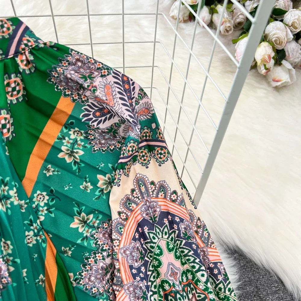 Retro Elegant Sashes O Neck Single Breasted Print Dresses Long Lantern Sleeves A-line Casual High Waist Women Autumn Clothing