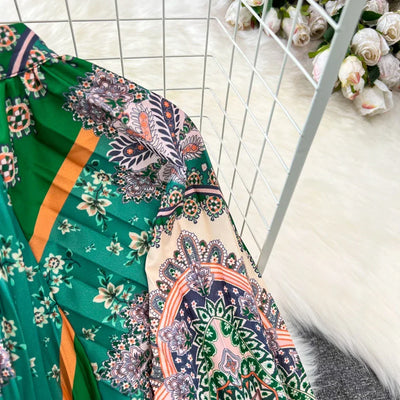 Retro Elegant Sashes O Neck Single Breasted Print Dresses Long Lantern Sleeves A-line Casual High Waist Women Autumn Clothing