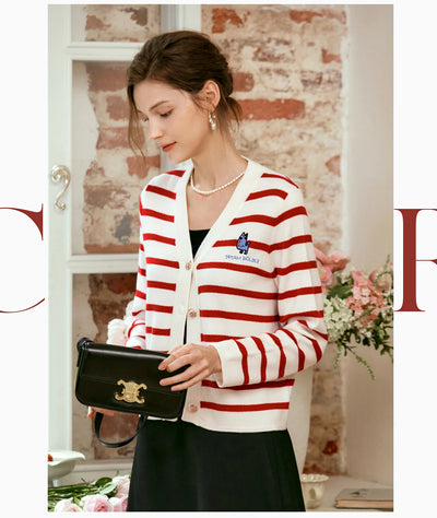 OLrain Wool Blend Striped Cardigan Women 2025 Spring Commute Embroidery V Neck Long Sleeve Chic Button Knitwear M56QZ86390
