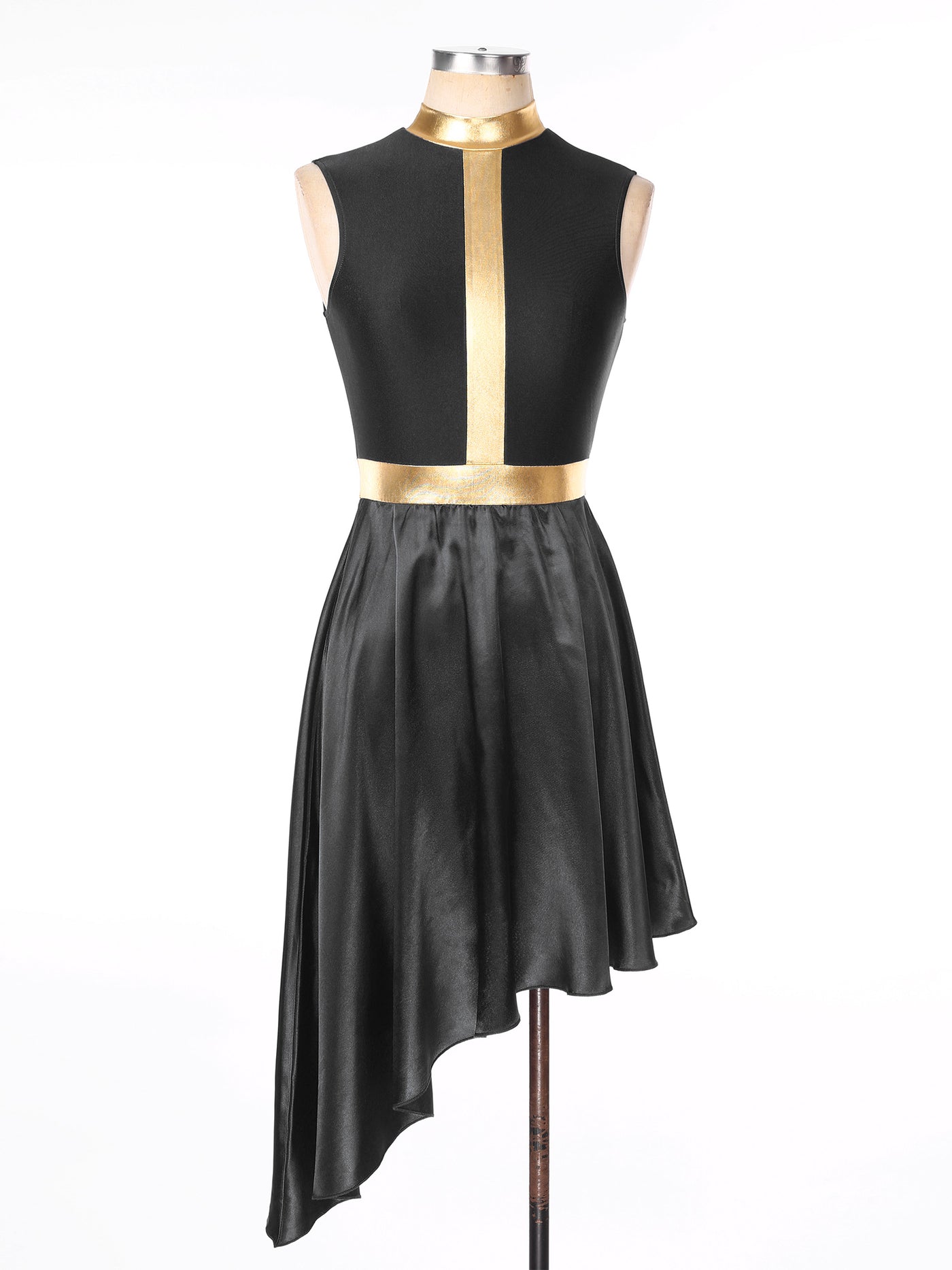 Women Lyrical Dance Dress Color Block Patchwork Invisible Zipper Back Flowy Asymmetrical Hem Sleeveless Dresses Dancewear