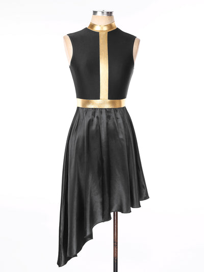 Women Lyrical Dance Dress Color Block Patchwork Invisible Zipper Back Flowy Asymmetrical Hem Sleeveless Dresses Dancewear