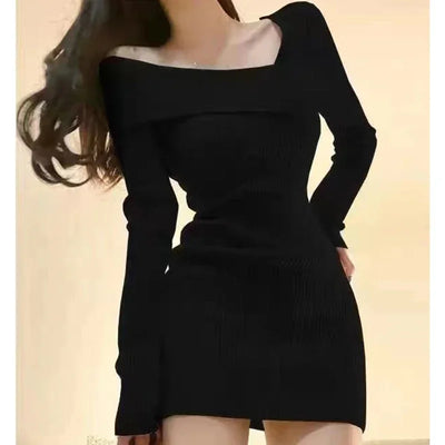 Knitted Dress Women Autumn Winter Long Sleeved Sexy Off Shoulder Stretch Sweater Solid Elegant Skinny Chic Korean Lady Dress