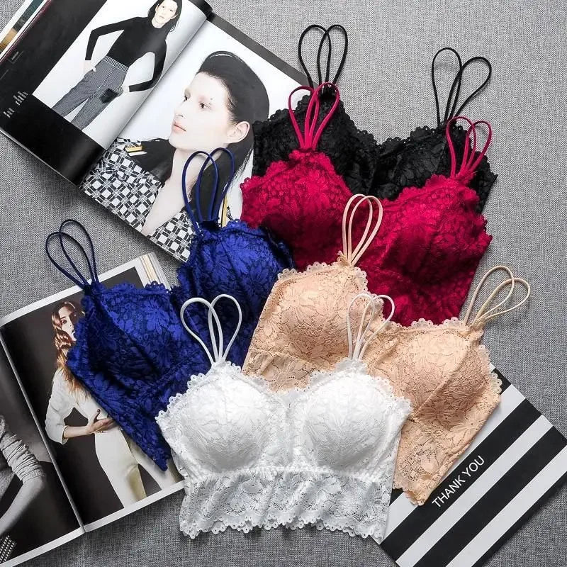 Women's Lace Bra Sexy Hollow Out Flower Underwear Bralette Wireless Push Up Breathable Strap Padded Vest Lingerie