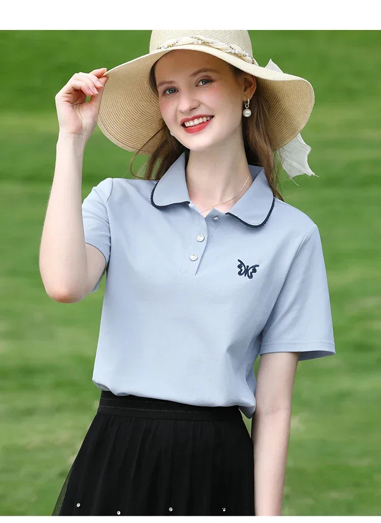 I BELIEVE YOU Blue Polo Collar T-shirt Top for Women Summer 2025 Butterfly Embroidered Breathable Short Sleeve Tees 2252015969