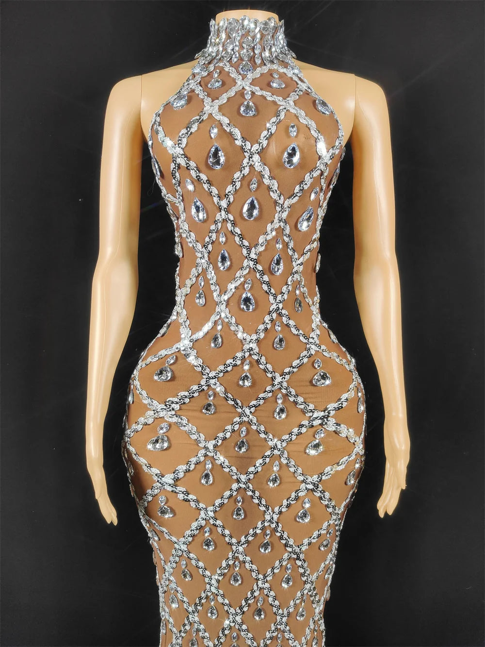 Women Sexy Stage Shining Rhinestone Sequins Dress Evening Prom Birthday Dress Transparent Performance Singer Club Host Dress