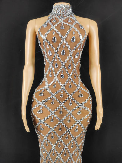 Women Sexy Stage Shining Rhinestone Sequins Dress Evening Prom Birthday Dress Transparent Performance Singer Club Host Dress