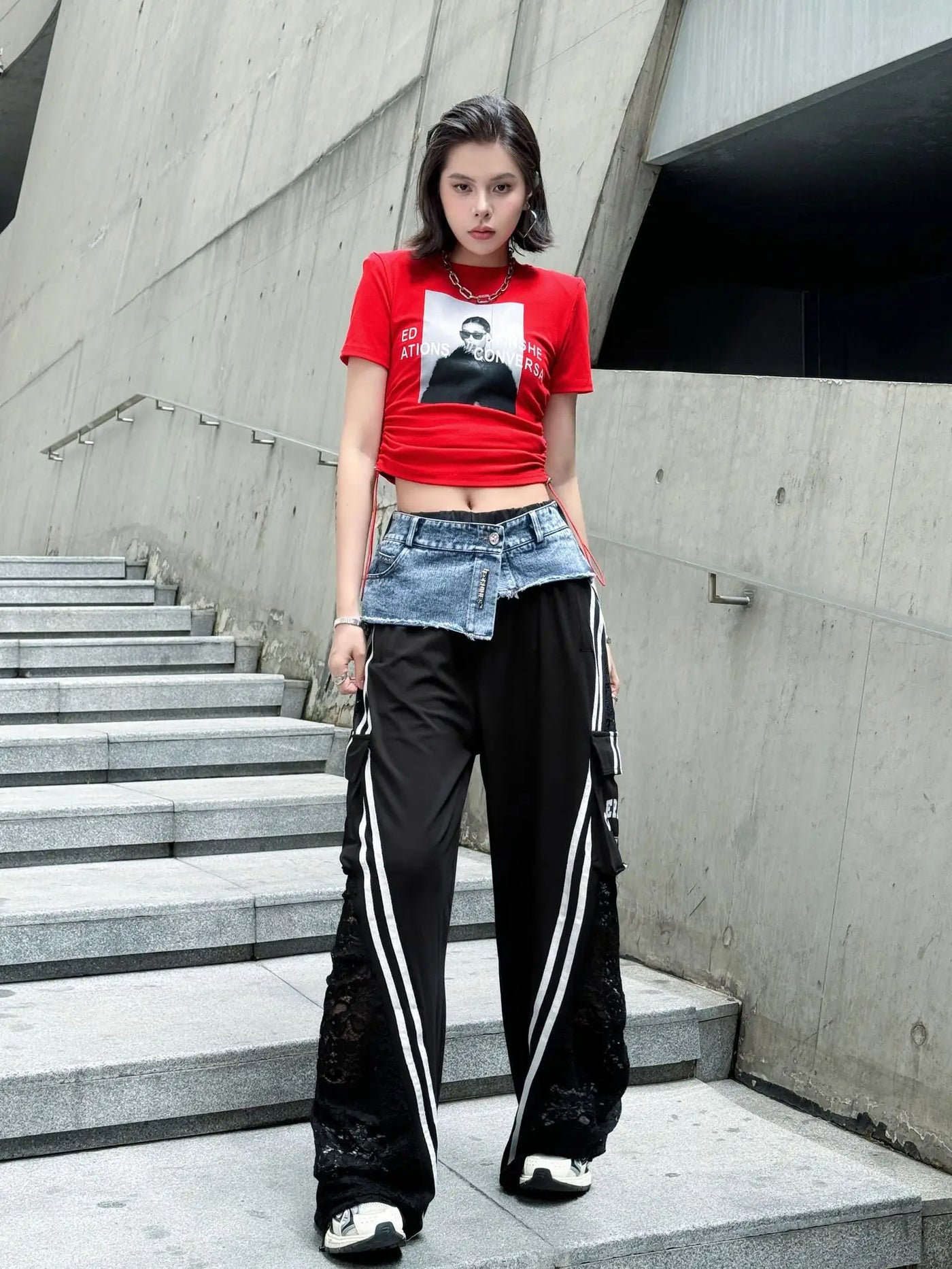 Wide Leg Pants Women Floor Length Patchwork Lace Denim Stripe Print High Waist Multiple Pockets 2025 Streetwear Cargo Trousers