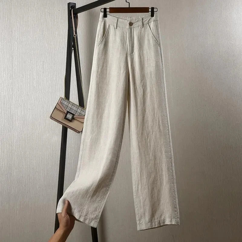 Women's Cotton Linen Straight Trousers Elastic High Waist Wild Wide Leg Pants Female Spring Summer Solid Color Loose Linen Pants