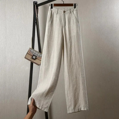 Women's Cotton Linen Straight Trousers Elastic High Waist Wild Wide Leg Pants Female Spring Summer Solid Color Loose Linen Pants