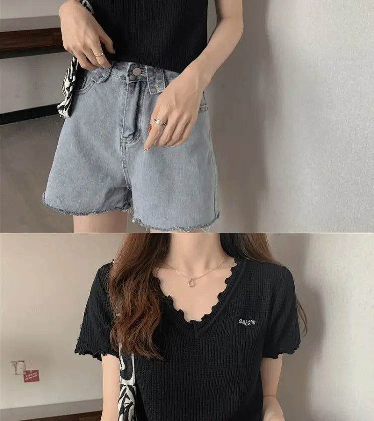 Oversized Summer Short Sleeve T-shirt Women's Foreign Style Versatile Slim Knitted Top Underlay