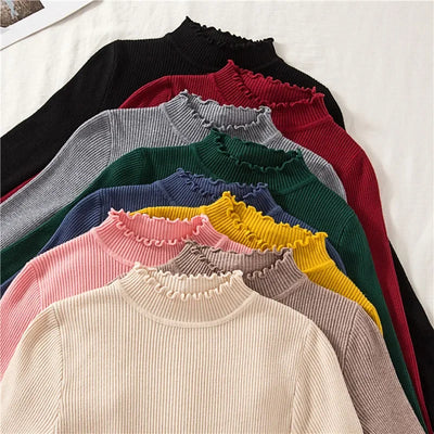 Mock Neck Clothes Knitted Woman Sweaters Pullovers Autumn Winter Basic Women's Jumper Slim Somen's Sweater Pull Long Sleeve