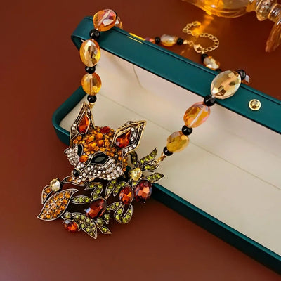 Luxury Crystal Cat Necklace Earrings Beaded Exaggerated Rhinestones Pendant Necklace Accessories Neck Jewelry