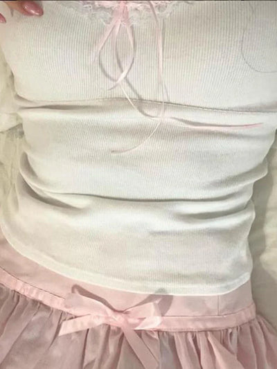 Lace Trim T-Shirts For Women Short Sleeve Crop Tops with Bow Sweet Kawaii Y2k Clothes Streetwear