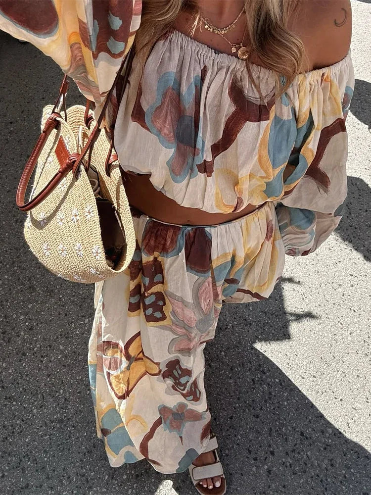 Women Elegant Printed Cotton Linen 2-piece Sets Fashion Long Sleeves Slim Fit Tops Long Skirt Set Lady Summer High Street Wear
