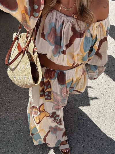 Women Elegant Printed Cotton Linen 2-piece Sets Fashion Long Sleeves Slim Fit Tops Long Skirt Set Lady Summer High Street Wear