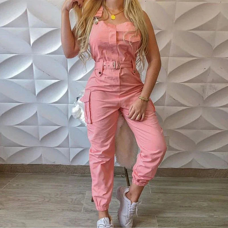 Women's Workwear Jumpsuits Summer Casual Simple Sleeveless Strap High Waist with Belt Fashion Solid Female Bound Feet Jumpsuits