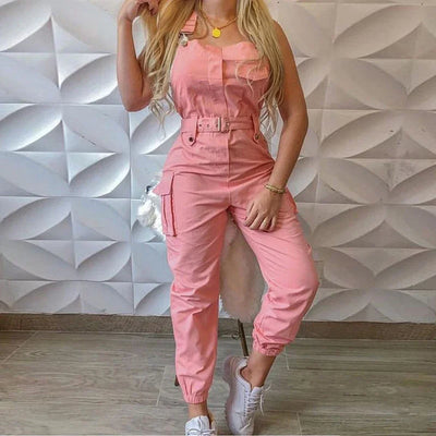 Women's Workwear Jumpsuits Summer Casual Simple Sleeveless Strap High Waist with Belt Fashion Solid Female Bound Feet Jumpsuits