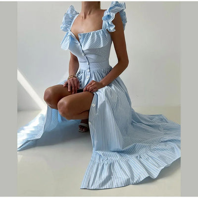 Ruffle Dress Women Fashion Backless A Line Slim Waist Striped Robe Female Flying Sleeves Buttons 2025 Summer Elegant Streetwear