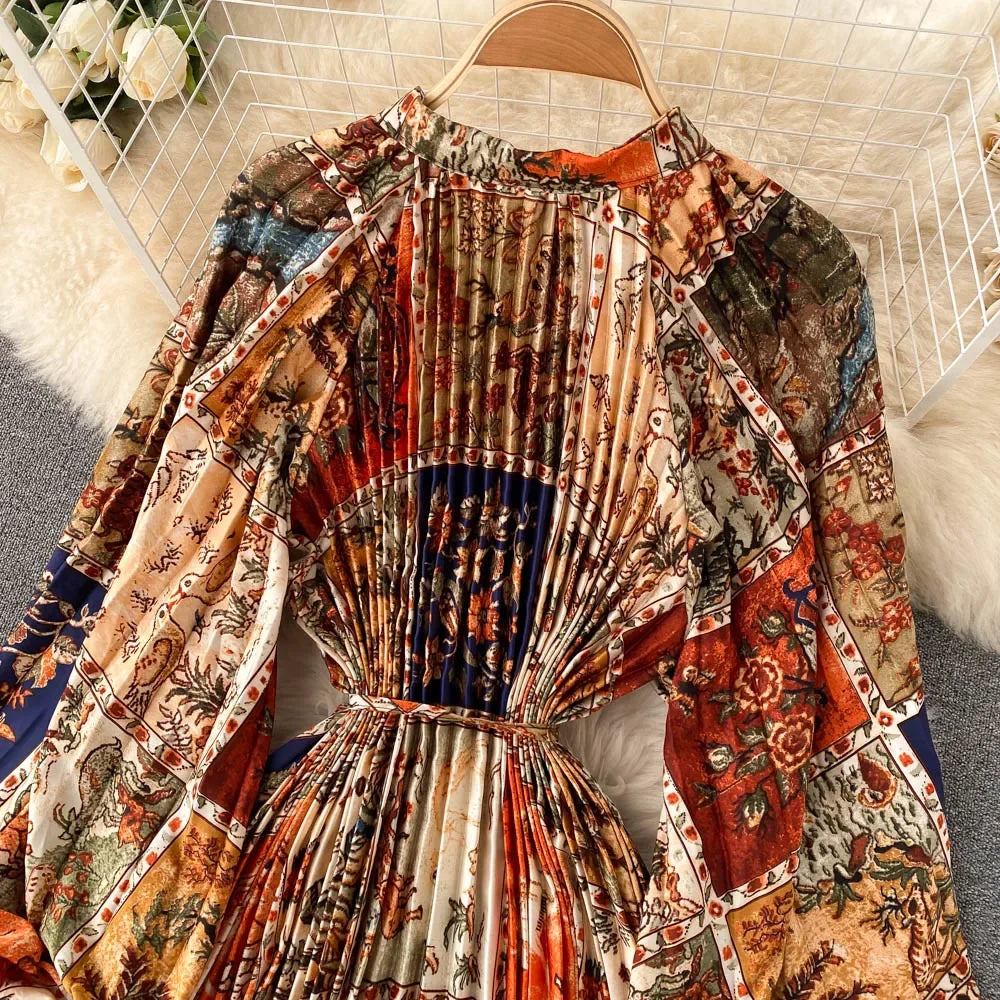 Retro Print Elegant Pleated Lace-up Chiffon Long Sleeve Dress A-line Blouse French Casual V-neck High Waist Women Summer Dresses