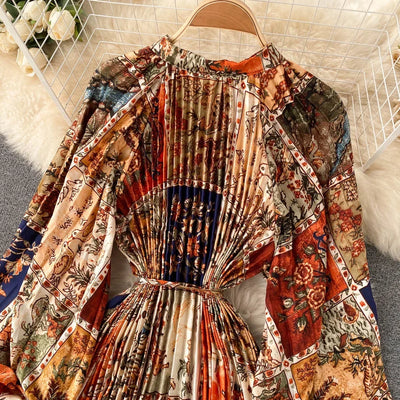 Retro Print Elegant Pleated Lace-up Chiffon Long Sleeve Dress A-line Blouse French Casual V-neck High Waist Women Summer Dresses