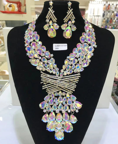 Women Luxury Necklaces Set Wedding Delicate Fashion Jewelery Set Crystal Rhinestone Earrings Jewelry Sets