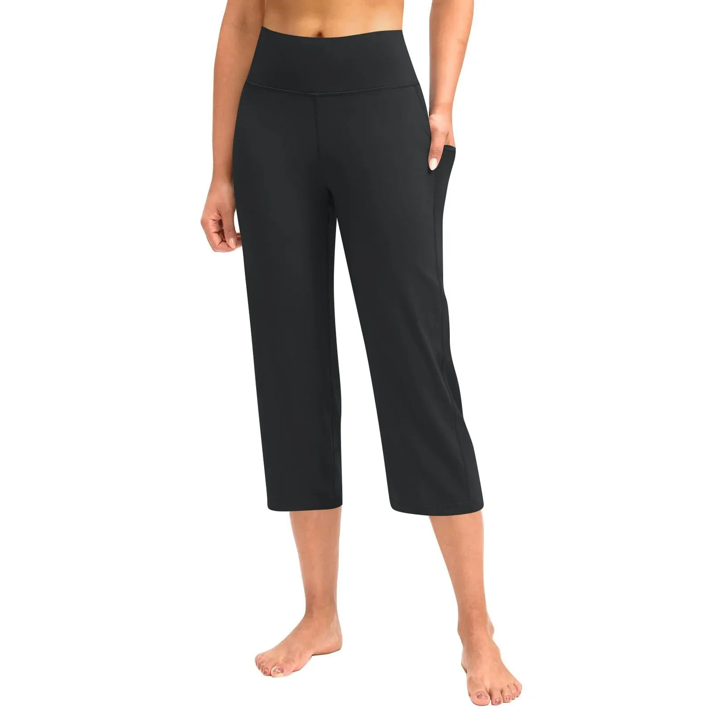 Women  Elastic High Waist 3/4 Pant Casual Active  Fit Wide Capris Leg Pants Trousers With Pockets Pants Woman брюки женские