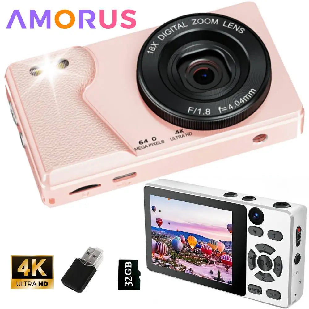Digital Camera 4K 64MP Photography Camera Video Camcorder 18X Zoom Retro CCD Camera Dual Lens Photo Video Camera with 32GB Card