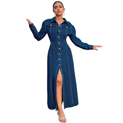 Denim Dress Women Long Dresses Spring Turn Down Collar Elegant Work Splice Vestidos Single Breasted A Line Y2k Tops Streetwear