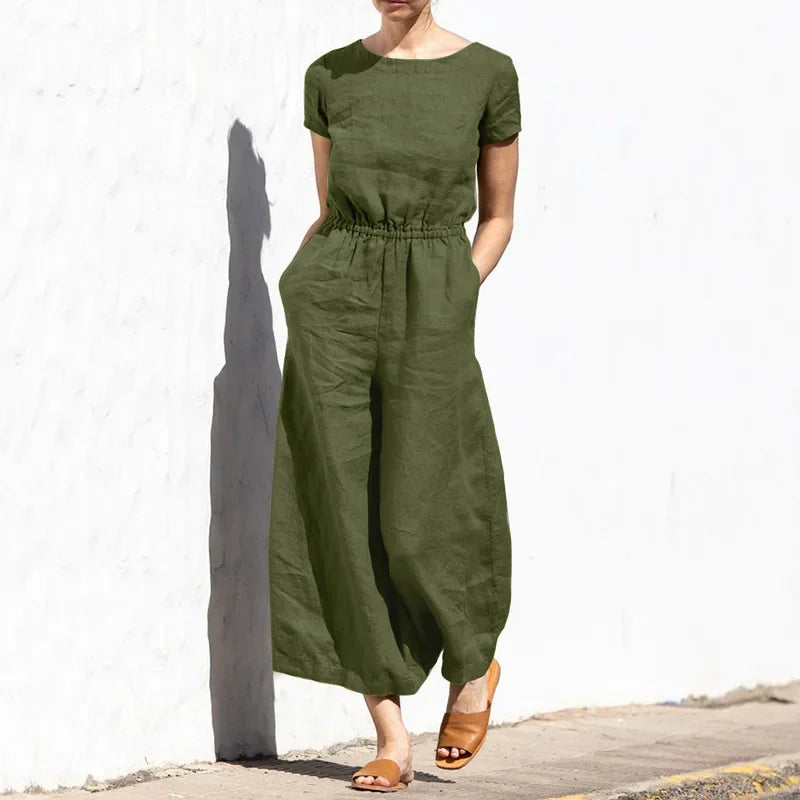 2025 Summer Short Sleeve Rompers Casual Loose Tighten Waist Solid Work Long Playsuit Elegant Women Jumpsuits Retro Overalls