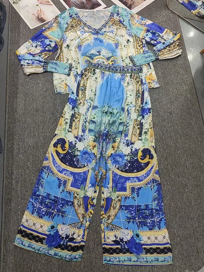 Retro women's V-neck beaded print long-sleeved Joker coat Spring and Autumn new two-piece suit+high-waist wide-leg trousers suit