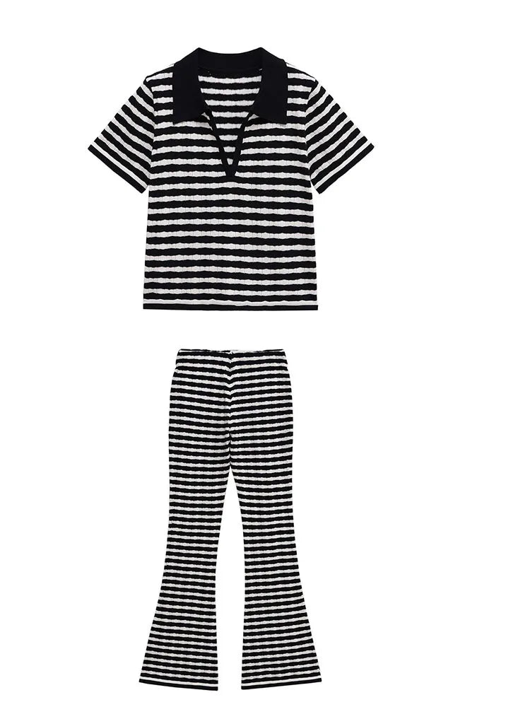 Summer polo collar stripe knit t shirts women 2 pc sets short sleeve knitwear casual high waisit wide leg pants suits female