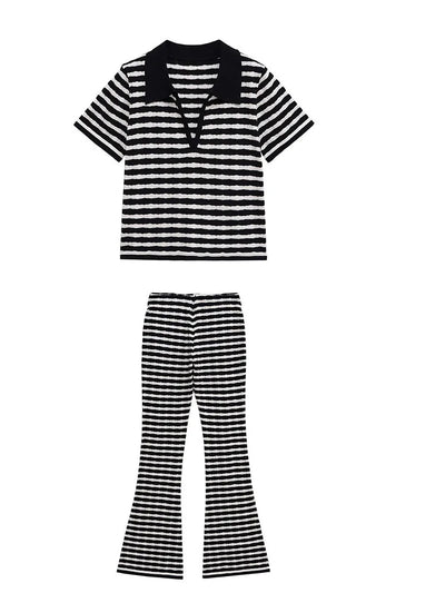 Summer polo collar stripe knit t shirts women 2 pc sets short sleeve knitwear casual high waisit wide leg pants suits female