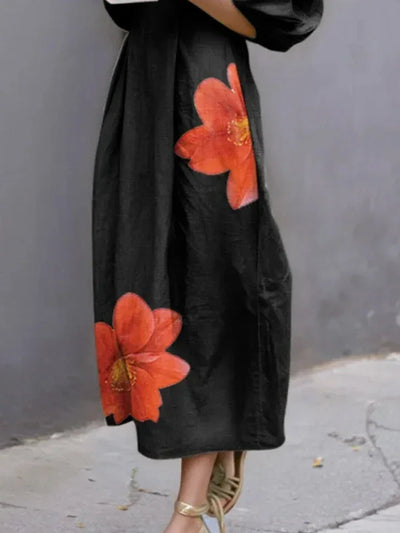 Women's Summer Dresses 2025 Evening Dress Fashion Half Sleeves Loose Flower Print Round-Neck Midi Dresses Female Clothes