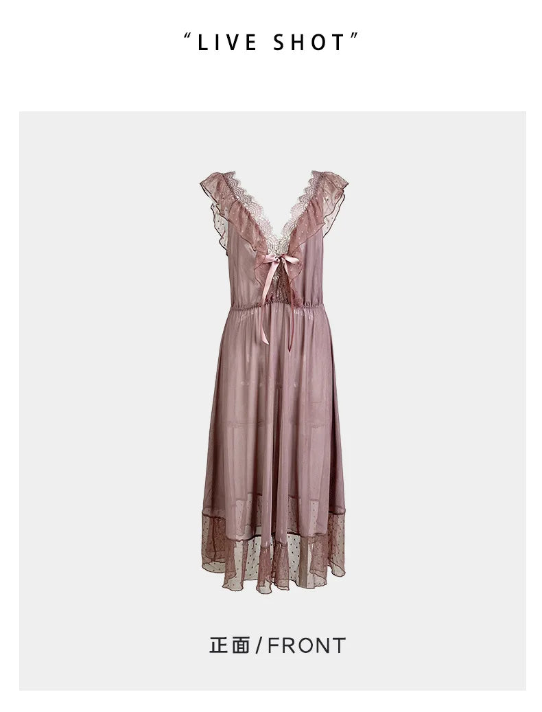 Women's Sexy Lingerie Nightgown Semi Sheer Babydoll Sleepwear Dress With Polka Dots Bow Knot Decor Summer Mesh V-Neck Loungewear